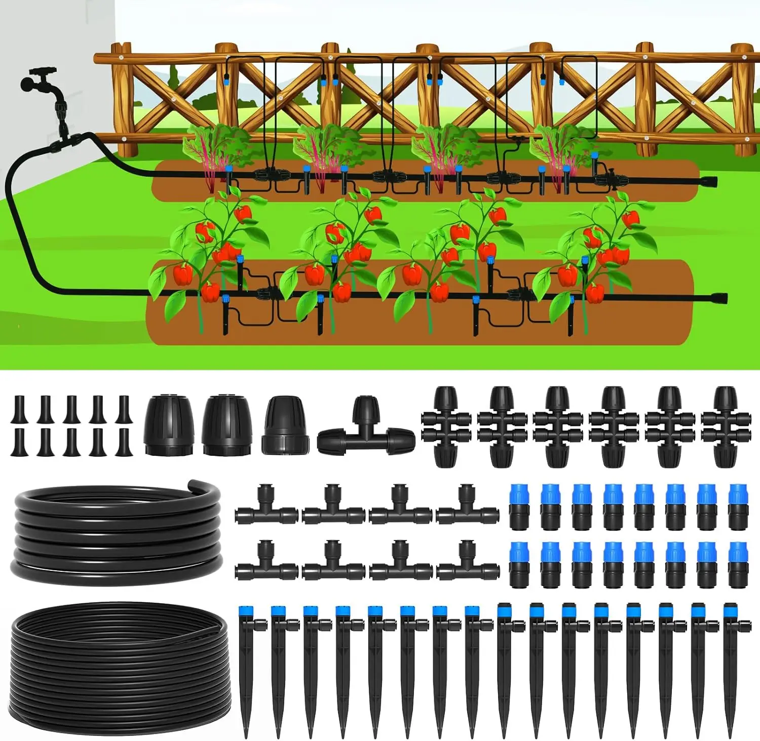 

230FT Quick-Connect Drip Irrigation System Kit, Automatic Garden Watering System with 1/4" & 1/2" Fast-Lock Tubing - Adjust