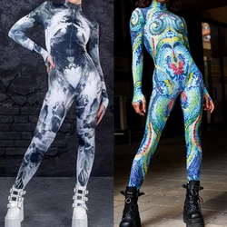 S-4XL Cosplay Punk Robot Adult Women Jumpsuit 3D Digital Printing Long Sleeve Zentai Bodysuit Halloween Costumes
