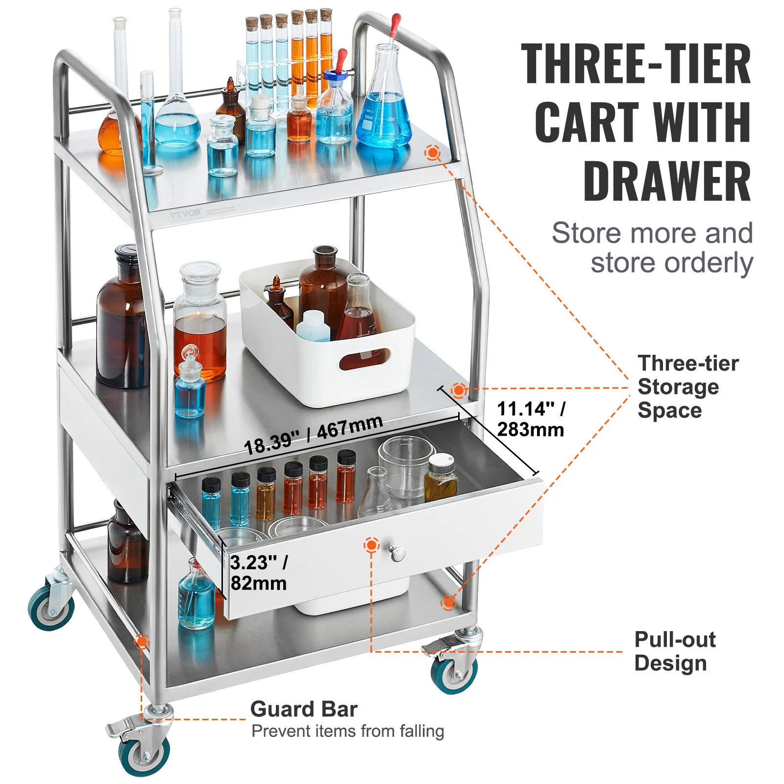VEVOR Lab Serving Cart 3 Layers Stainless Steel Utility Rolling Cart with A Drawer Medical Cart with Lockable Wheel for Dental