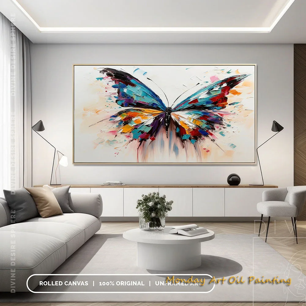 Hand Painted Oil Painting Large Blue Orange Butterfly Painting On Canvas Unique Colorful Animal Textured Wall Art For Home Decor