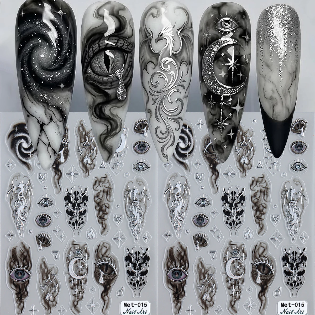 Gothic Nail Stickers Dark Evil Eye Moon Dragon Flame Nail Art Decals Black White Smoke Cloud Design Manicure Decorations