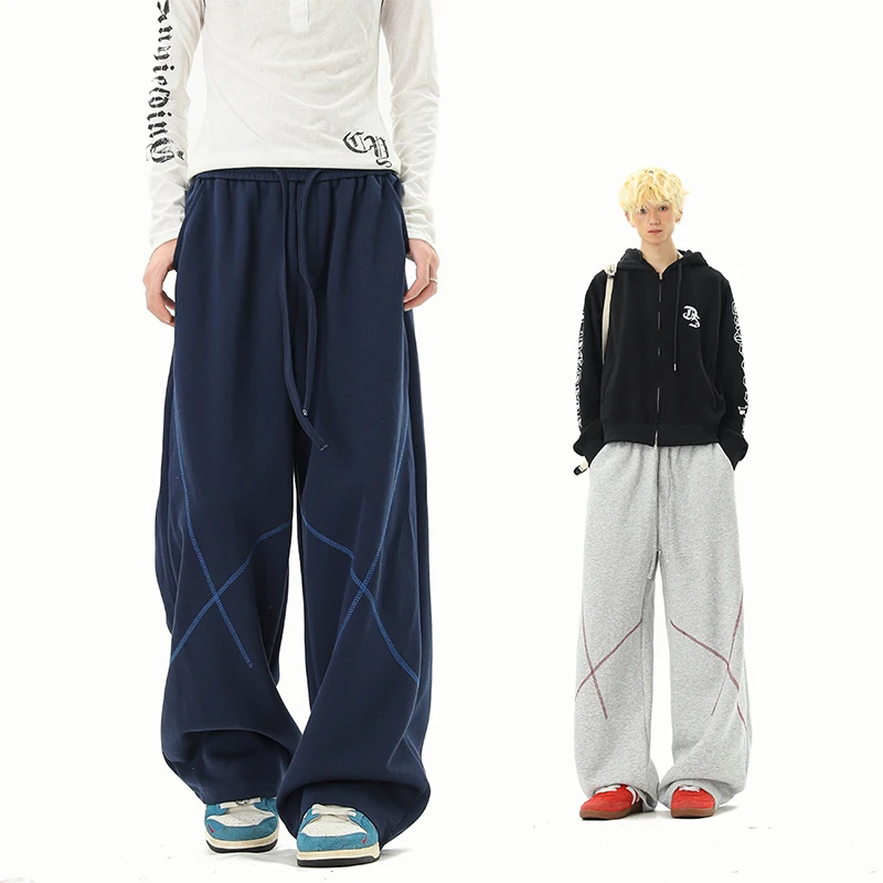 

Men's Elastic Waist Loose Fit Casual Pants with Stylish Side Decorative Lines, Perfect for Autumn