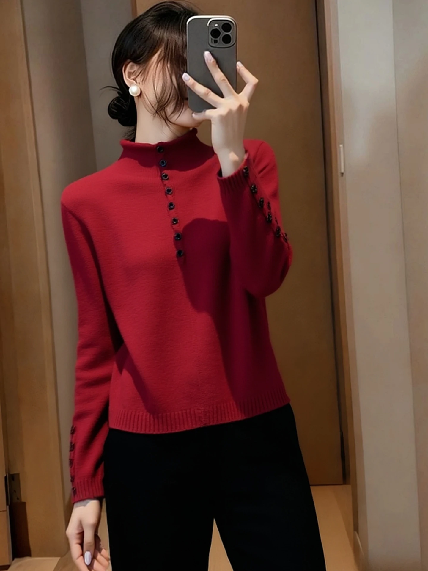 

Ele Red Knitwear High Ne Long Sve Winter Faion Slim Fit Commute Sle Korean Loose Fit Warmth Fem Top