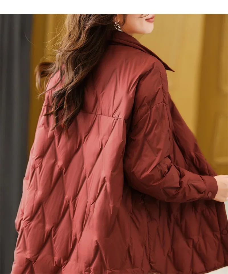 2025 Autumn Women Black Thin Cotton Quilted Coats Female Casual Lapel Jacket Female Spring Outerwear Red Button Padden Shirt Top