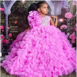 Rosa roxo flor menina vestido para casamento sem mangas o pescoço em camadas até o chão bonito princesa festa de aniversário vestidos de baile