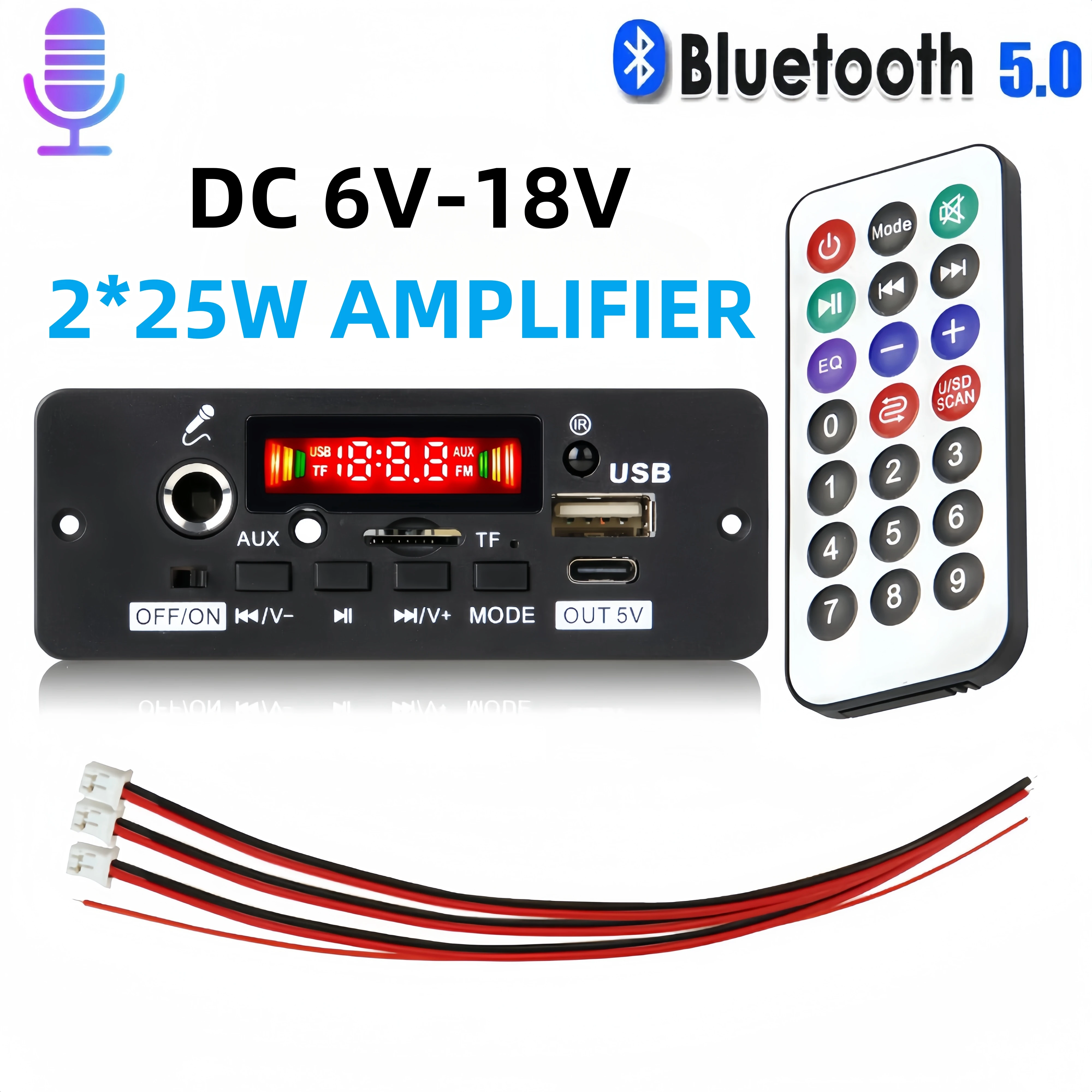 50W amplificatore Bluetooth MP3 Decoder Board 12V 18V Car MP3 Player USB FM cartella di registrazione microfono di commutazione controllo vivavoce