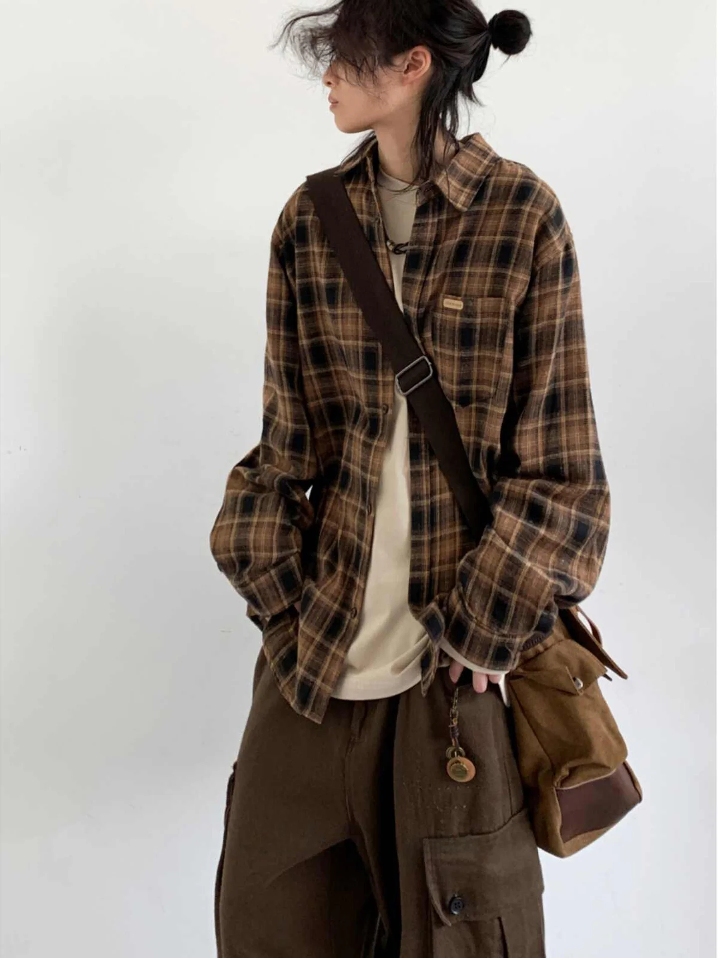 

Retro Japanese Sle Loose Long Sve irt Spring Autumn Plaid Casual Coat ex Square Collar Design Women's Sle