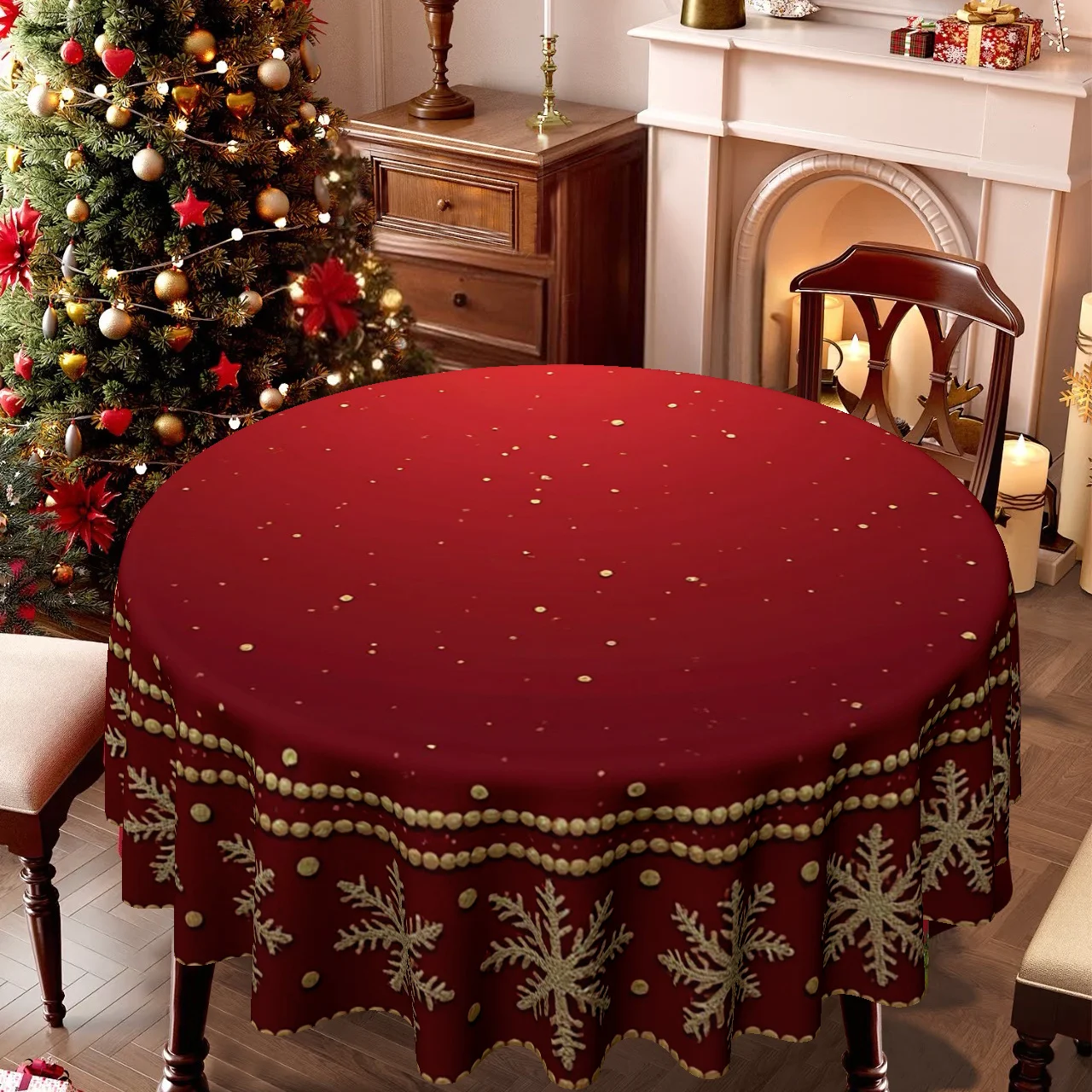 1 tablecloth, Christmas, festive red round tablecloth with golden snowflake pattern, perfect for holiday decorations