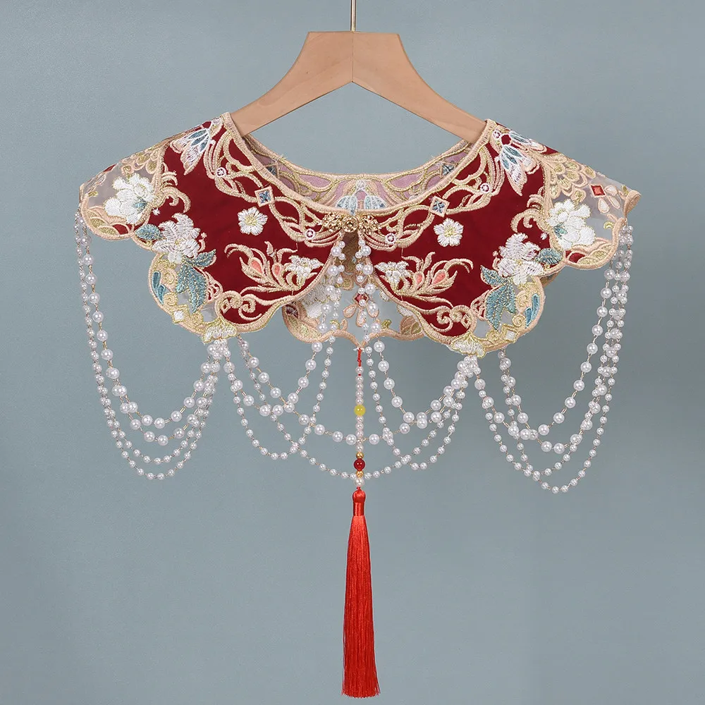 Beaded Red Cloud Collar, Chinese Vintage Embroidered False Collar with Pearl Tassel, Detachable Shoulder Cape, Wedding Accessory