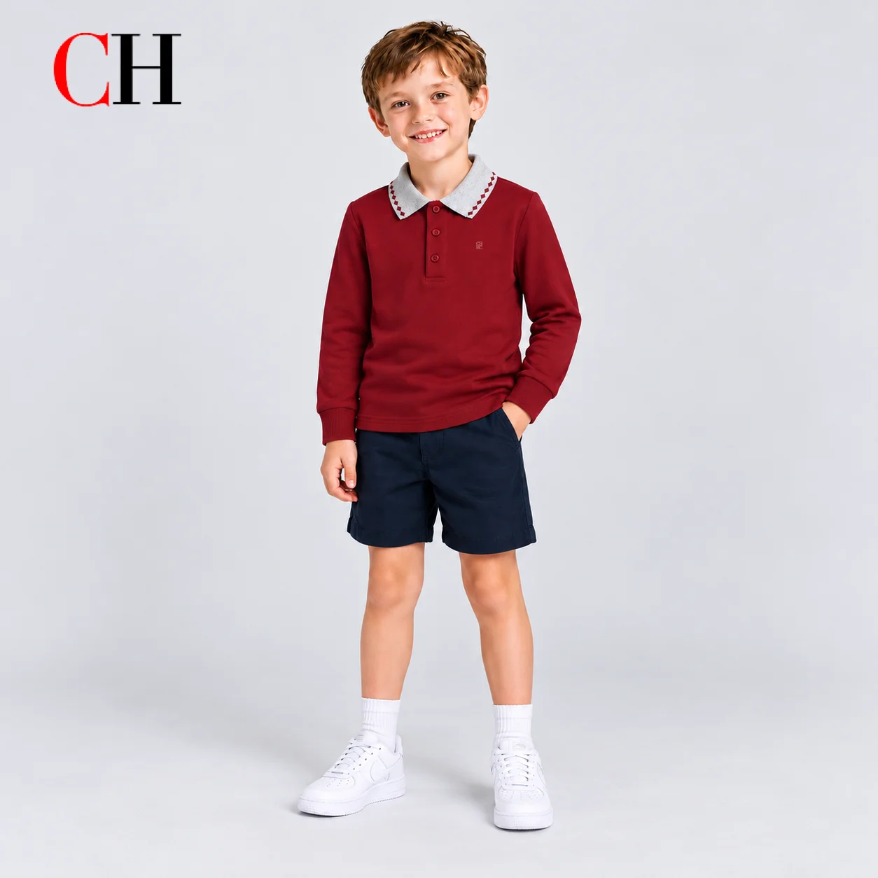 CH Boys Girls Long Sleeve Polo Shirt Patterned Collar Lightweight Chest Embroidery Decor Cuffed Hem Casual Kids Tops