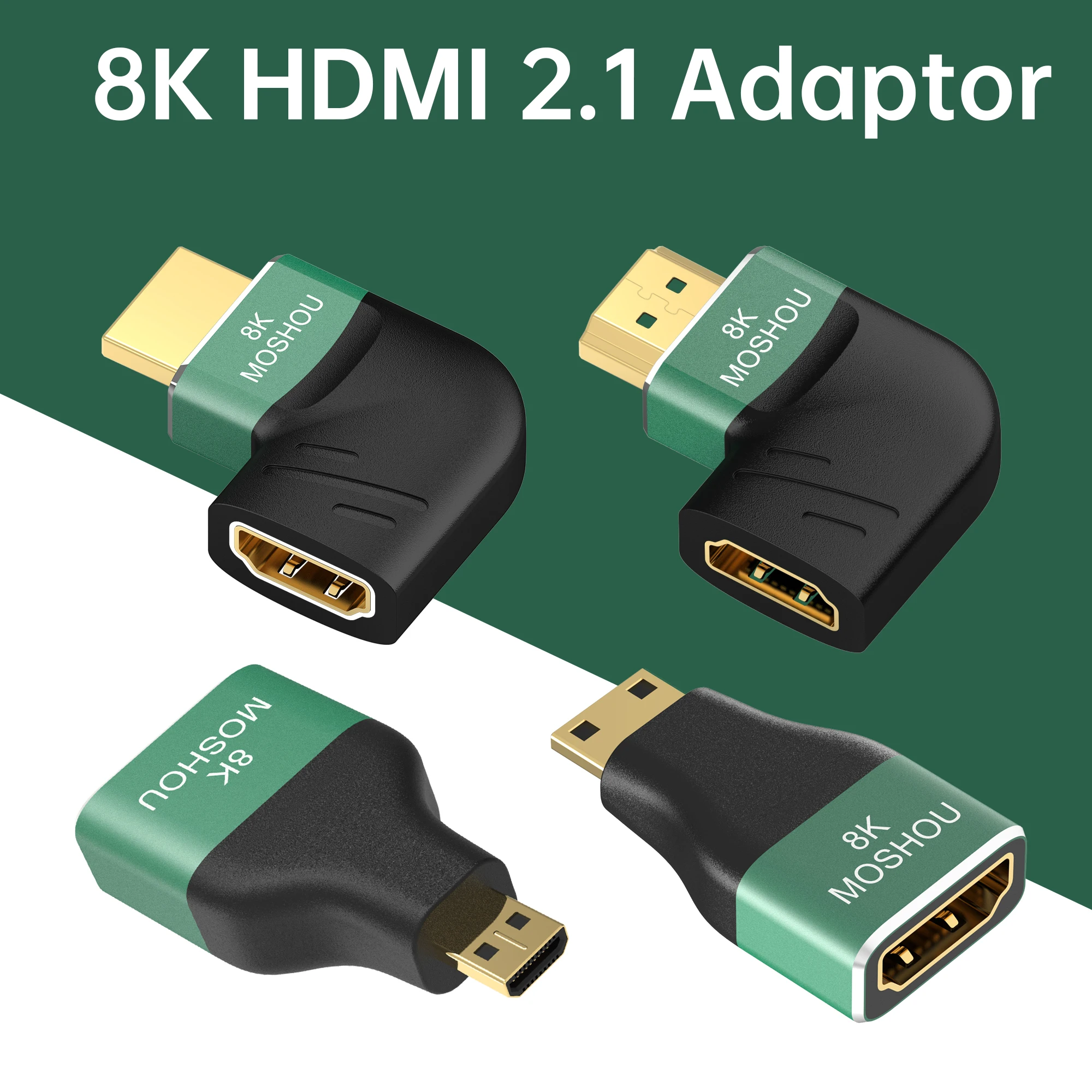 MOSHOU 8K HDMI 2.1 커넥터 어댑터, HDTV PS4 PS5 노트북용 미니 HDMI 마이크로 HDMI 270, 90 도 수-암, 4K HDMI 익스텐더