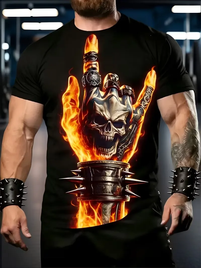 Fashion Men's Rock On Skeleton Hand T-shirt Burning Skull Spiked Metal Bracelet Biker Sports Daily Casual Tops Trend Streetwear