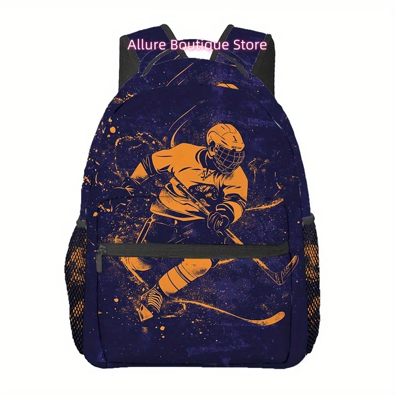 Hockey-Themed Large Capacity Backpack with Adjustable Straps, Multiple Compartments, Lightweight & Foldable - Ideal for Work, Tr
