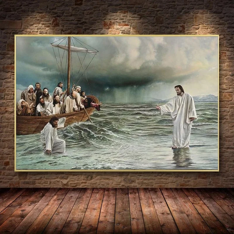 Jesus Christ Walking on Water Religion Series Art Posters Canvas Painting Wall Print Pictures for Living Room Home Decor Cuadros