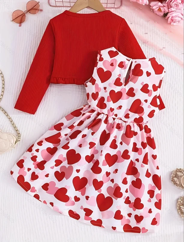 Spring/Summer New Arrival: Solid Red Cardigan Knit Jacket + Red Heart Print Tank Dress Featuring a red bow detail on the skirt,