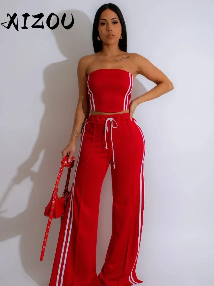 

XIZOU Fashion Women's Set Strapless Striped Ribbon Crop Top + Wide Leg Pants Suits Summer Streetwear Two 2 Piece Set Outfits