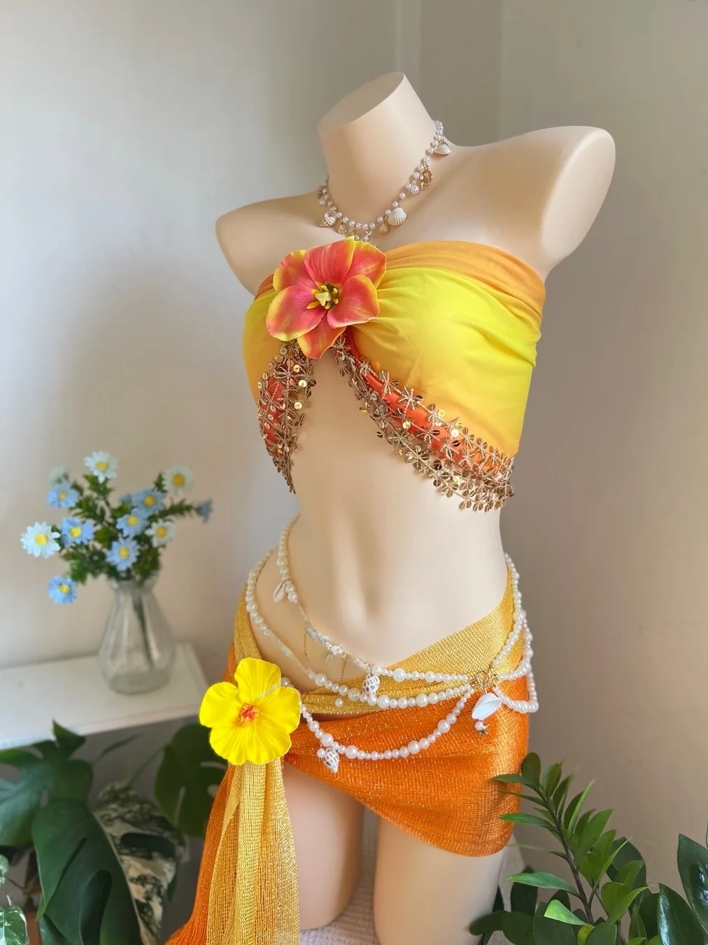 Beachside Orange Yellow Gradient Scarf Skirt Set Southeast Asian Style Swimming Suit Wrap Skirt Ensemble for Beach Vacation