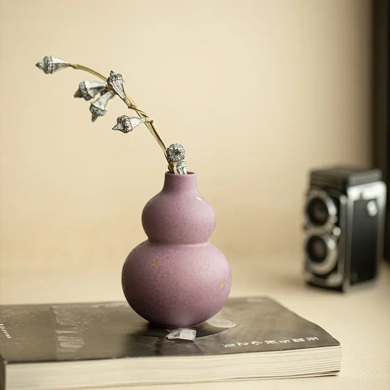 Handmade Gold-sprinkled Ceramic Gourd Vase Tea Room Tea Table Decoration Lucky Ornament Chinese Flower Arrangement Birthday Gift