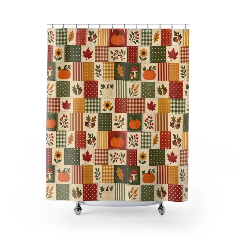 New in 2026 Autumn Patchwork Pumpkins Shower Curtain |   Fall Leaves Plaid