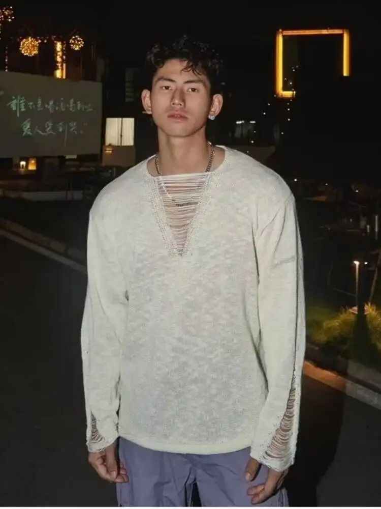 

Autumn Winter Men's Knitting Sweater Thin Hollow Out Knit Sweater Deep V Neck Pullover Alluring Destructive Design Upper Garment