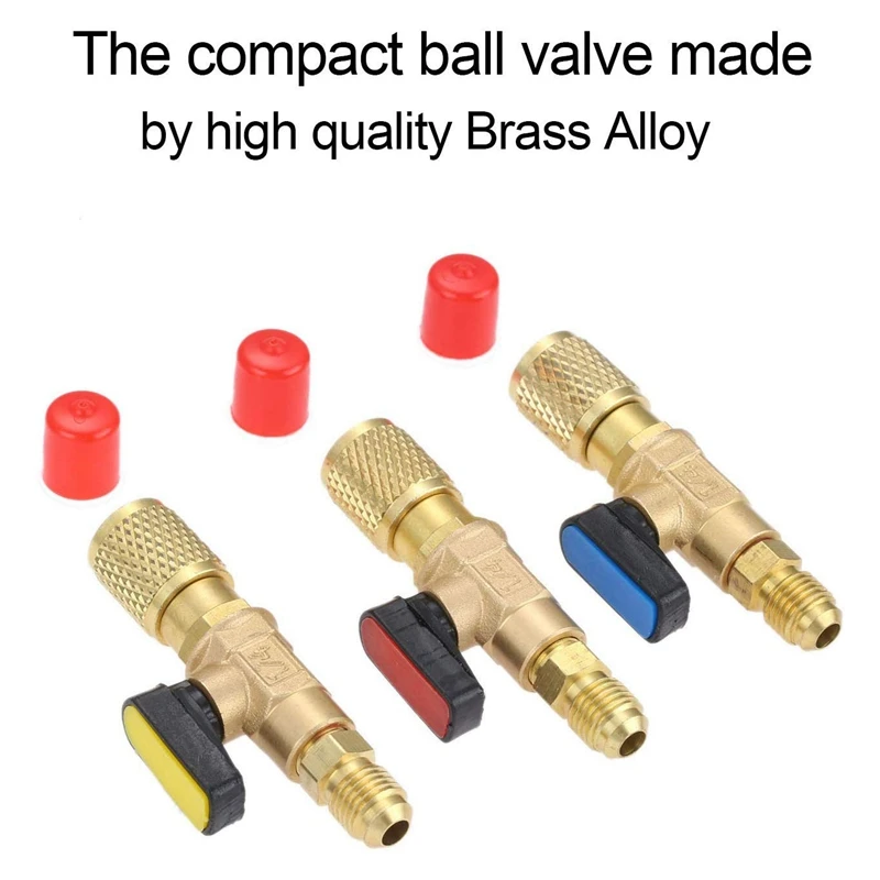 A74E-3Pcs/Set Brass R410A Refrigerant Straight Ball Valves AC Charging Hoses Brass 1/4 Inch Male To 1/4 Inch / 5/16 Inch Female