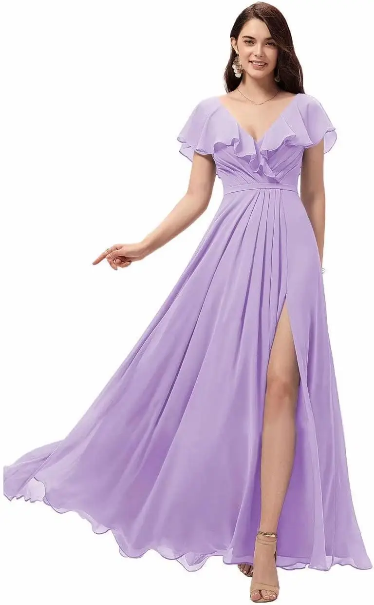 

Women's Ruffle Sleeves Bridesmaid Dresses Long Chiffon V-Neck Formal Evening Party Gowns Prom Wedding Guest Dresses for Women