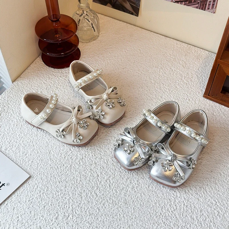 

2025 New Fashionable Spring Autumn Children Sweet Bowknot Party Wear Pearl Bow Princess Dress Shoes for Girls Kids Shoes