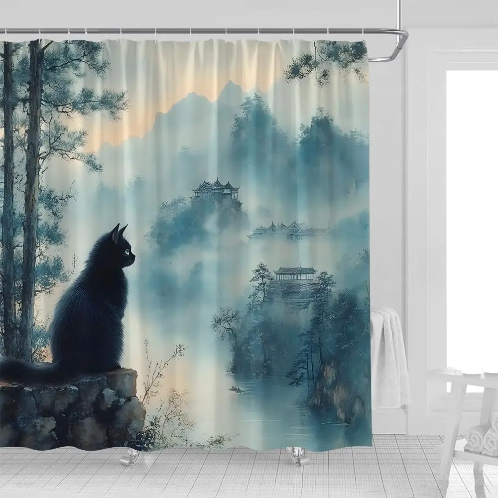 

Japanese Style Shower Curtain MistyCat Pine Tree Rustic Asian Landscape Traditional Ink Painting Fabric Bathroom Decor Curtains