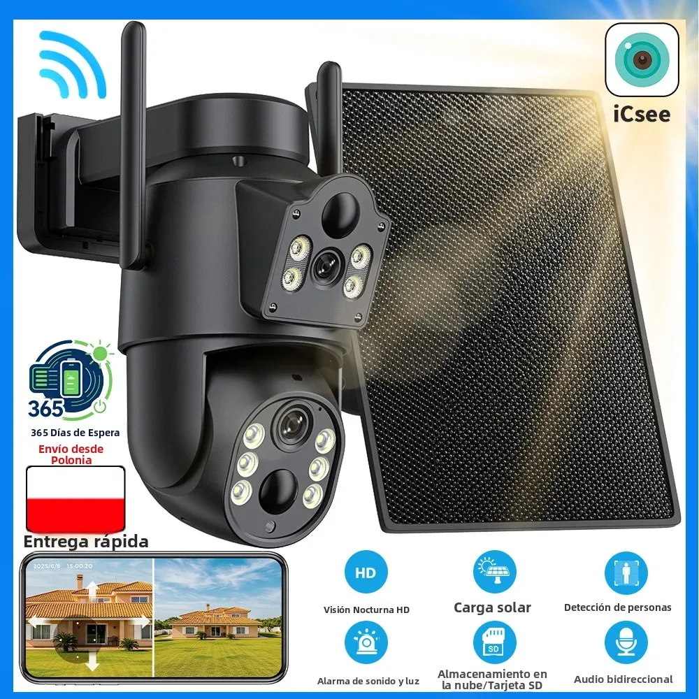 Cámaras ICsee 4K para exteriores, con energía solar, conexión WiFi, doble lente, doble pantalla, cámara de seguridad inalámbrica para el hogar, detección de movimiento humano mediante sensor PIR, 365 días de autonomía.