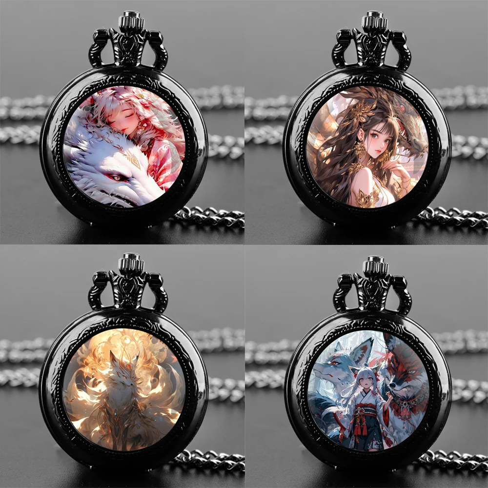 Anime Genshin Impact Na Wei Ya Fox Miku Quartz Pocket Watch Women Mens Necklace Unique Pendant Chain Watch Girl Gift Accessories