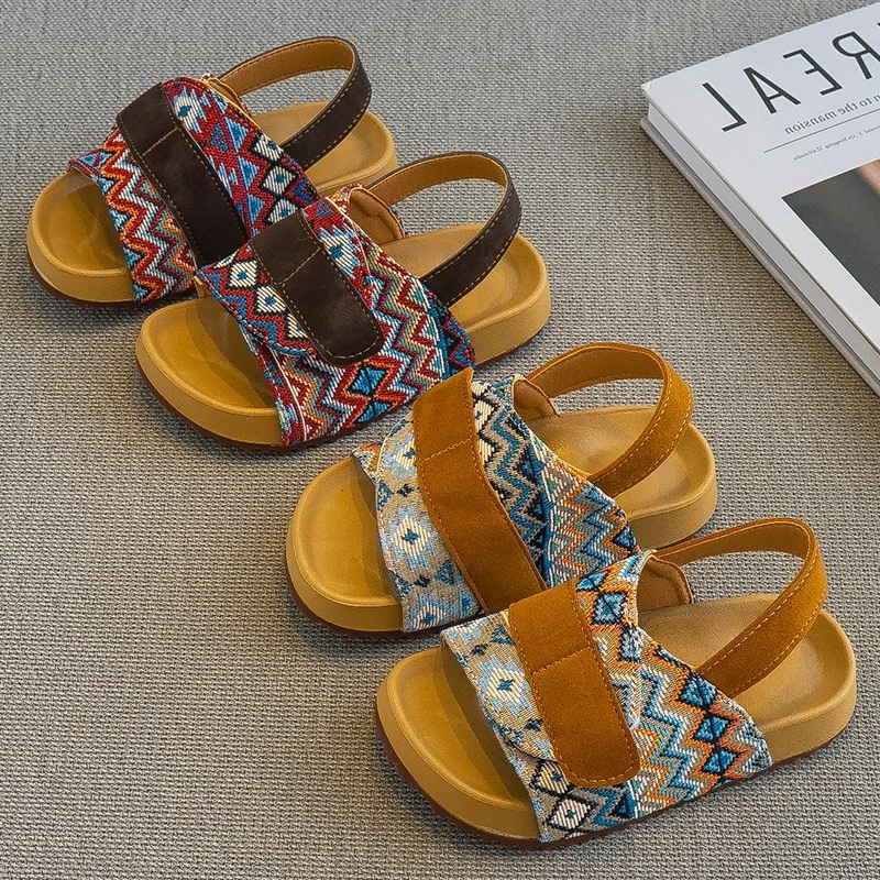 Child Kids Geometry Print Open Toes Sandals Boys Buckle Hoop Loop Cloth Shoes 2026 Summer Child Barefoot Non-slip Shoes 26-36