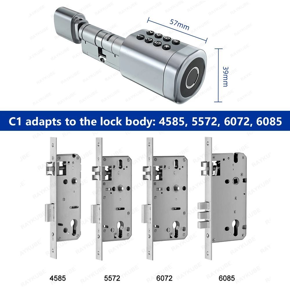 Imagem -05 - Tuya Ble tt Smart Door Lock 2-ways Cilindro Ajustável Comprimento Senha de Impressão Digital Chave do Aplicativo Desbloqueio do Cartão ic Raykube-c1