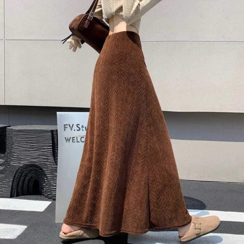 Qiukichonson Maxi Long Skirts Womens Knitted Skirt 2026 Autumn Winter Korean Casual High-Waist Pleated Skirts Coffee With Lining