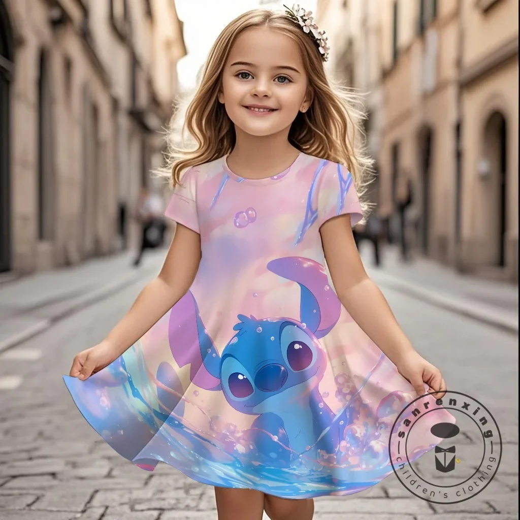 

Potdemiel Hot Sale Kids Girl Stitch 3D Print Princess Dress Girls Birthday Party Dresses Short Sleeved Dress Home Clothing Dress