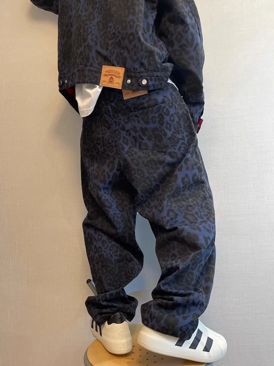 

Retro Waed Canvas Knife Jeans Casual Pants Leopard Print Men's INS Spring Versatile Straight Leg Jeans American Sle