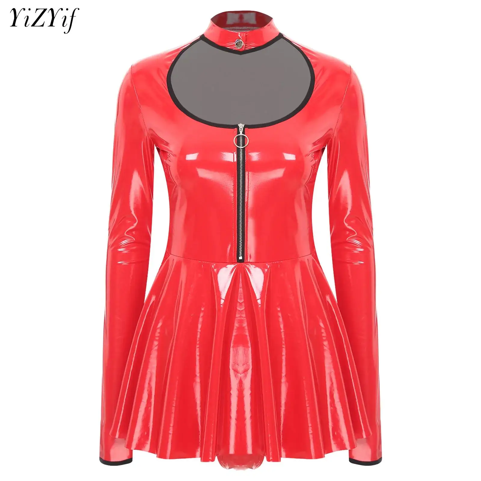 

Womens Sexy Wet Look Patent Leather Slip Dress Long Sleeve Cut Out Gothic Punk A-Line Mini Dresses Rave Party Bodysuit Clubwear