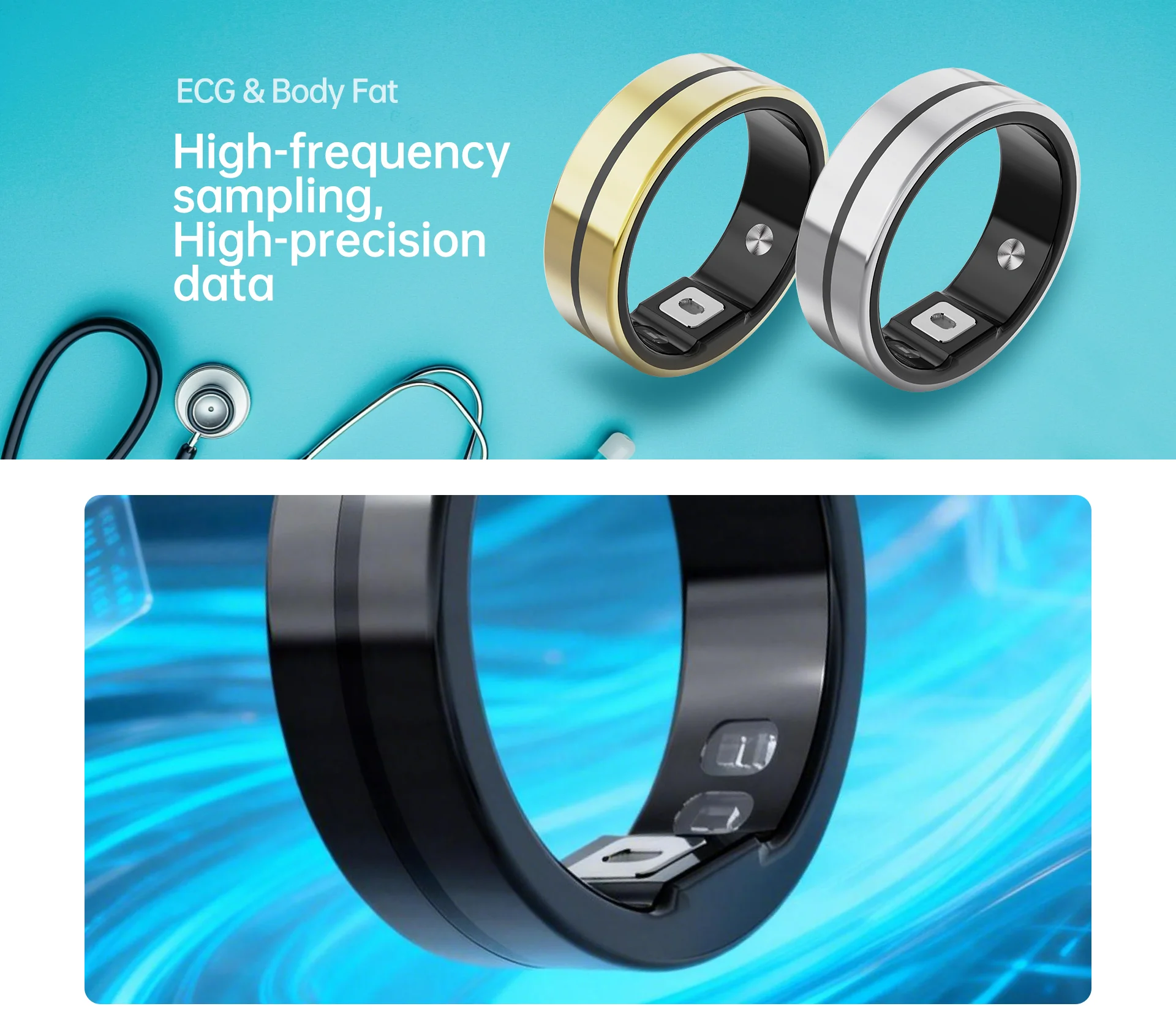 Advanced ECG Smart Ring | 5ATM Waterproof Stainless Steel | App Control Fitness Tracker Body Composition SOS Haptic Tracker