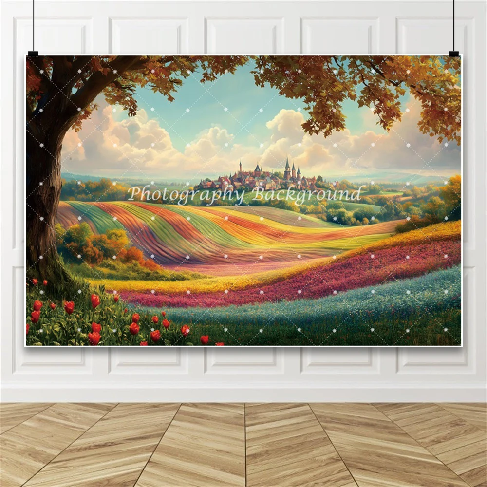 Oil Painting Style Natural Scenery Background For Photography Flowers Tree Castle Rainbow Children Birthday Photo Shoot Backdrop