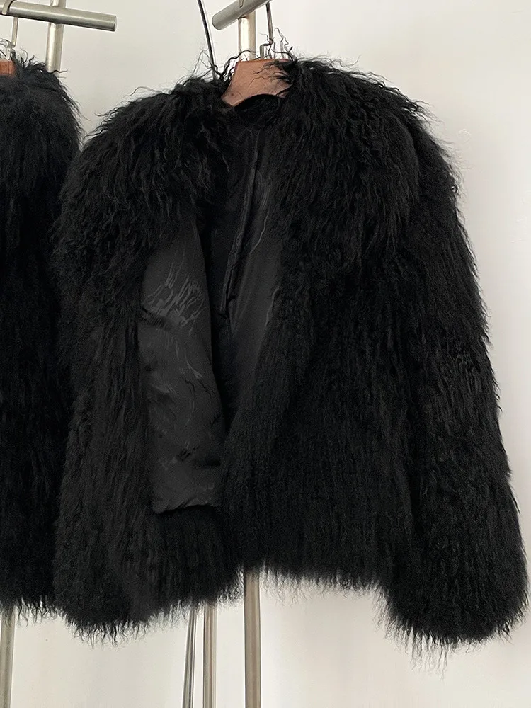 ZMEENNA Donkerbruin Krullend Lamswol Nepbontjas Voor Vrouwen Stijlvolle Shaggy Oversized Cropped Jas Gezellig Warm ZM4050