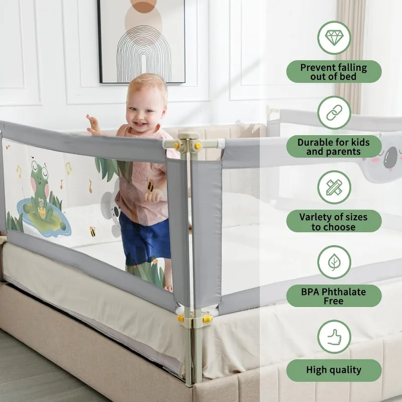 Trilho de cama para crianças, 3 peças, guarda de trilho de cama de bebê, 25 de altura, 3 em 1, colchão dobrável de 2 ''-11,8 '' (cinza com padrão de coala, king)