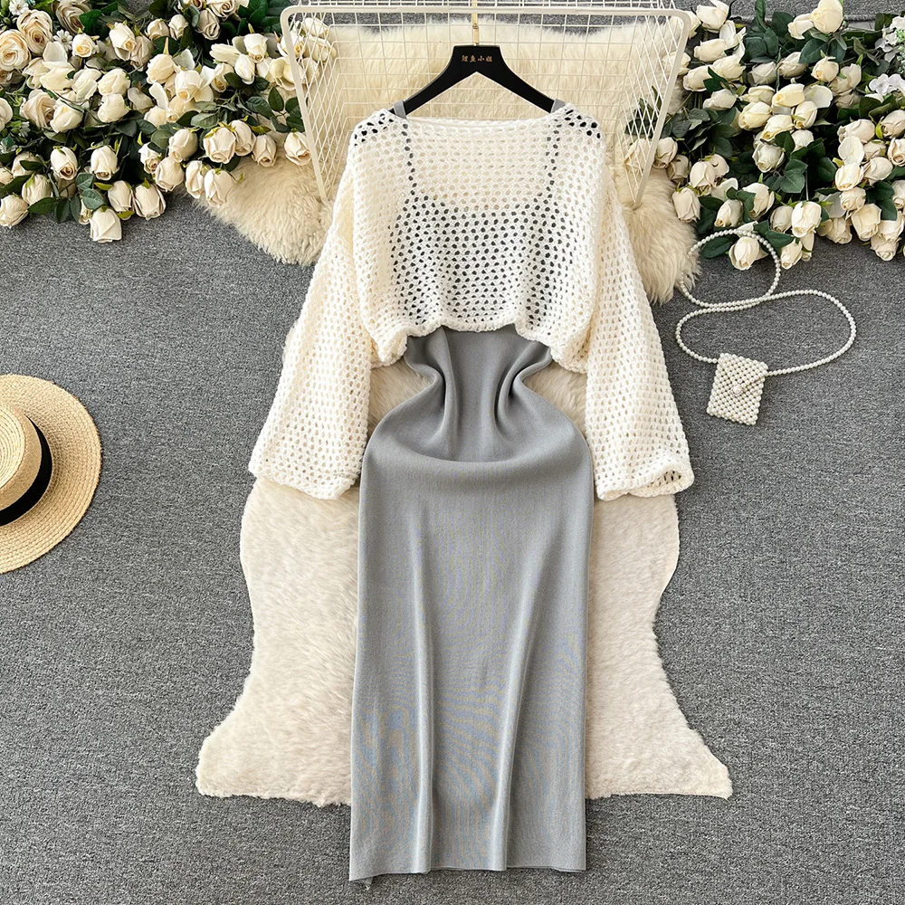 Croysier Knitted Matching Sets Women 2023 Long Sleeve Cropped Openwork Sweater Pullover And Bodycon Midi Dress Two Piece Set