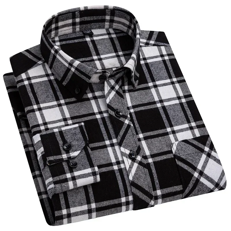 Autumn Winter Thick Flannel Shirt Plaid Shirts Standard-Fit  for Men Long Sleeve Pure Cotton Patch Pocket Design Young