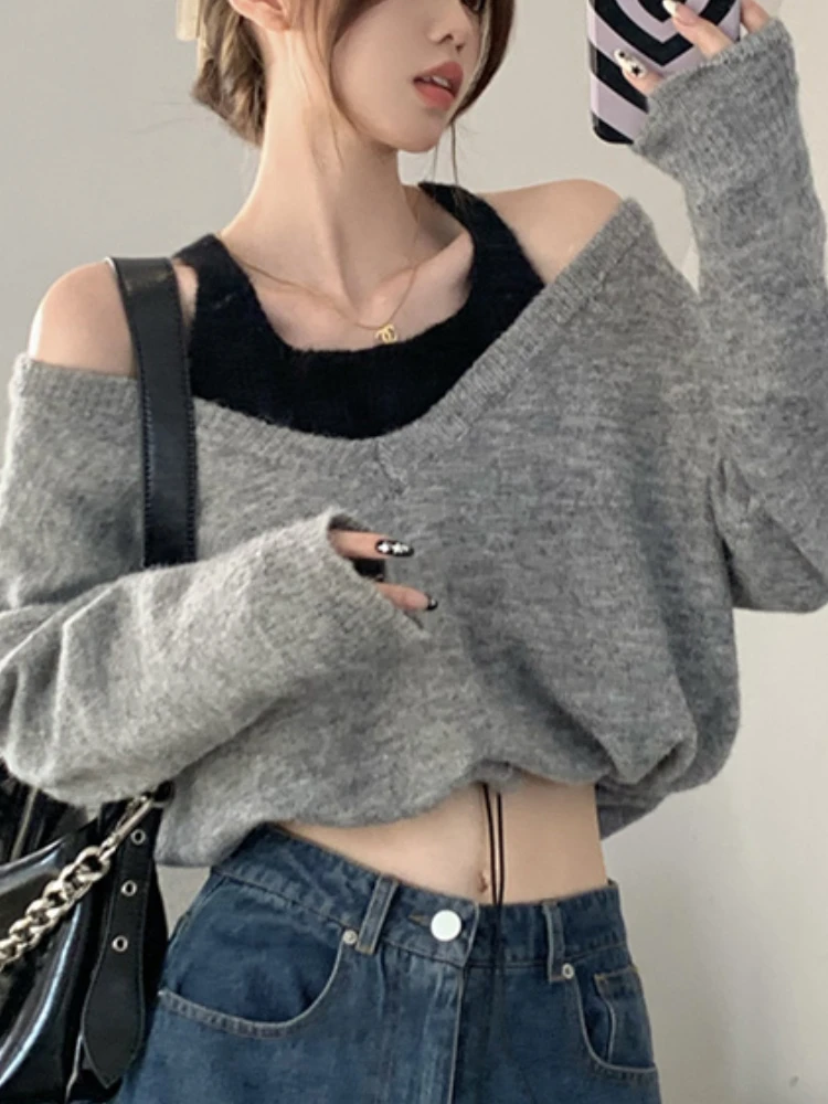 Pullovers Women French Style Stylish Students Tender Design Autumn Loose Fake Two Pieces All-match Daily Knitting Fashion Basic