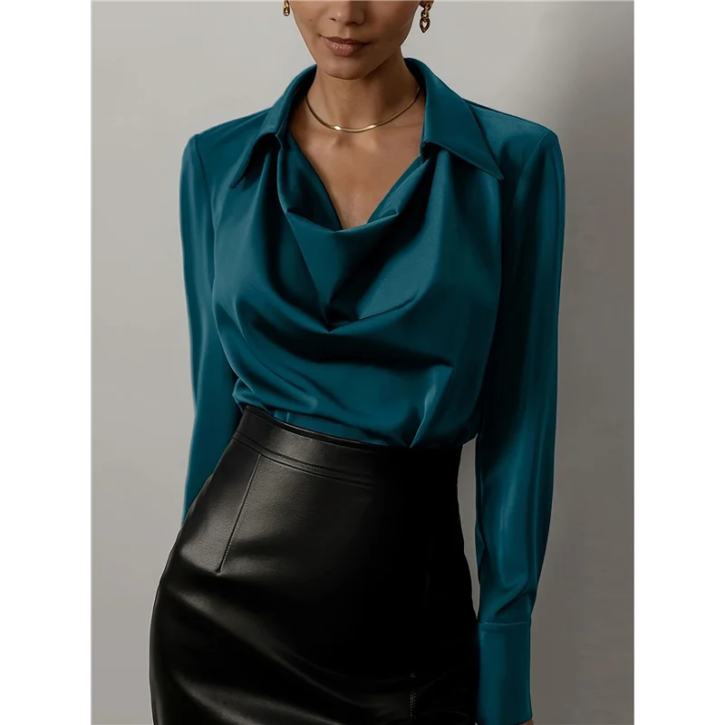 FX-Women's Elegant Satin Silk Blouse Cowl Neck Ruched Front Draped Long Sleeve Work Office Shirt Top