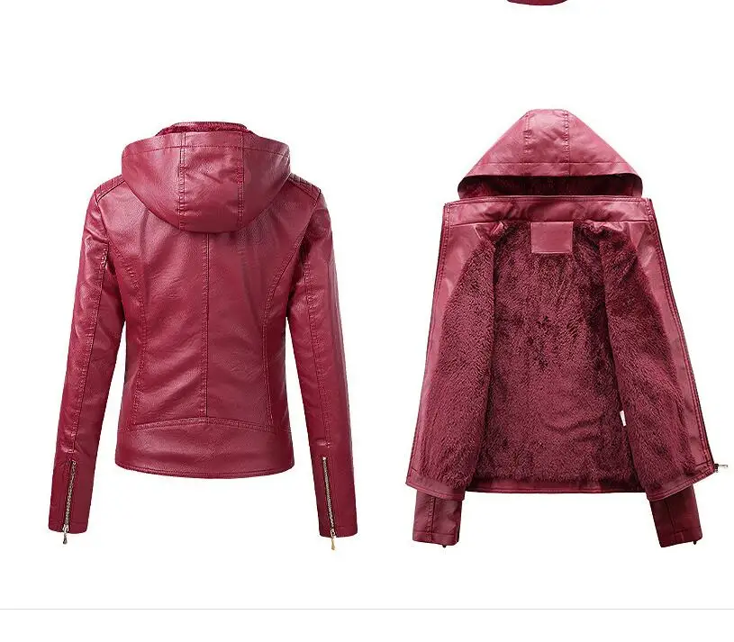 Chaqueta de cuero con capucha para mujer, abrigo de piel sintética, abrigo cálido, prendas de vestir, Otoño e Invierno