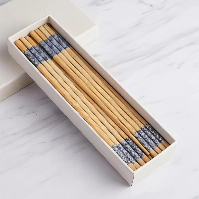 10 Pairs Food-Grade Blue-Edged Bamboo Chopsticks Smooth Odorless Safe for Daily Kitchen Dining Sushi Restaurant Use