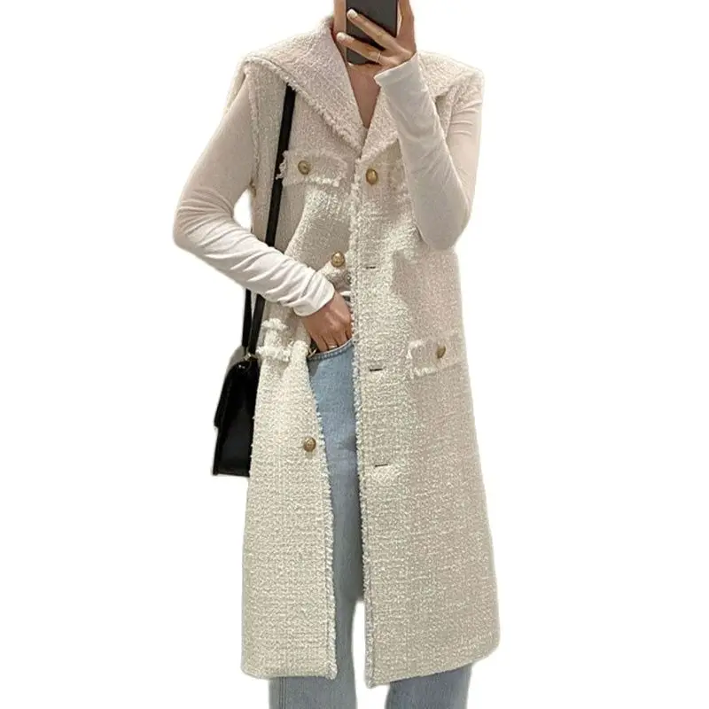 

Women's Chic Spring Autumn Waistcoat Temperament Navy Collar Tassel Fur Edge Long Apricot High-Quality Tweed Vest Coat