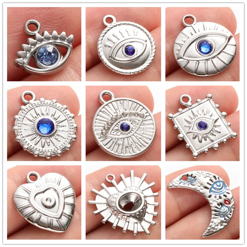 5pcs Stainless Steel Fatima Hand Heart/Moon/Round Evil Eye Pendants For Jewelry Making Supplies Dark Blue Rhinestone Charm Bulk