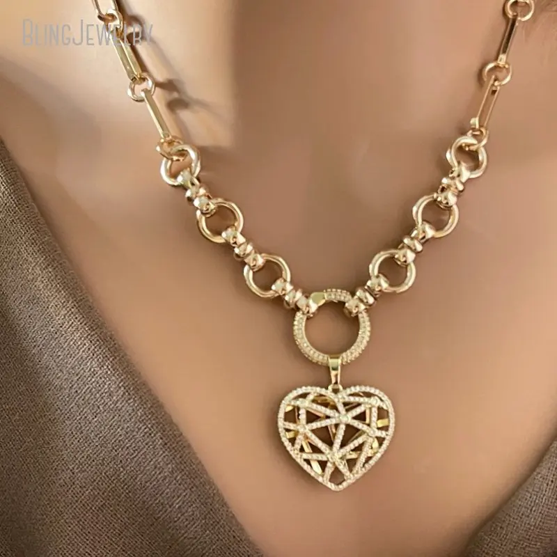 

10pcs Multi Link Chain Necklace Latticework Cz Floating Heart Pendant Round Connector Lobster Clasp Gift Jewelry