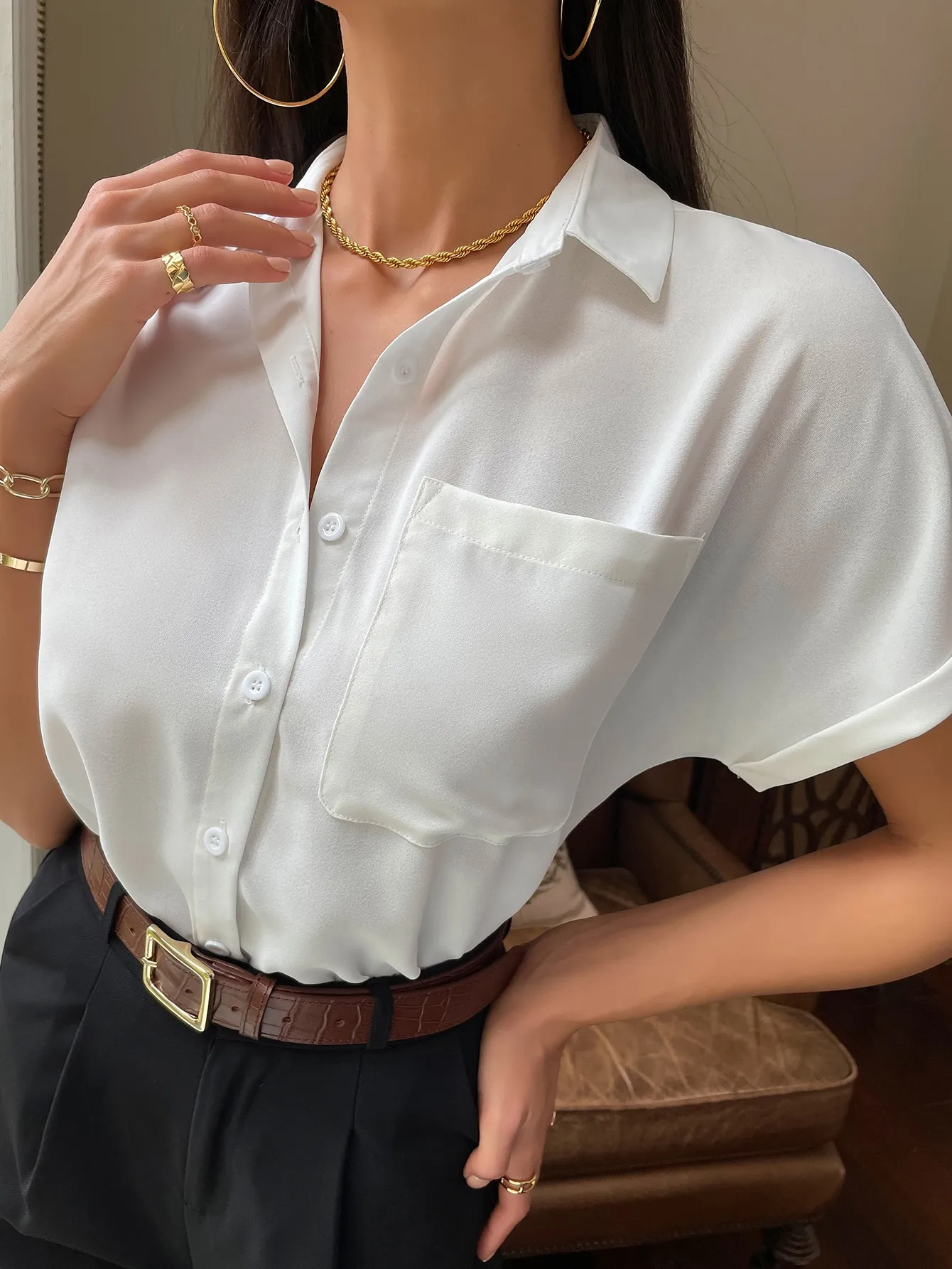 New chiffon short-sleeved shirt blouse, temperament commuting office ladies shirt, summer simple casual fashion versatile shirt